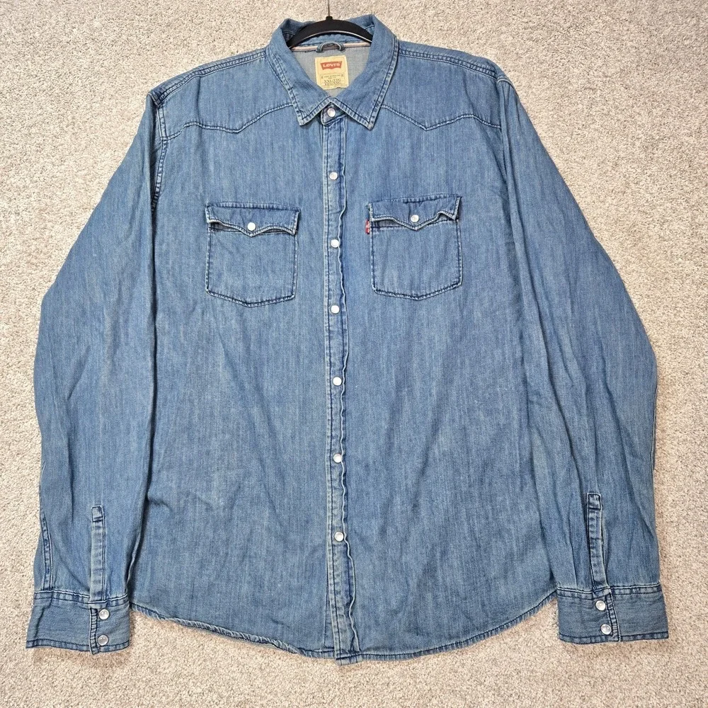 Levi's Men's 2XL‎ Pearl Snap Blue Denim Chambray Western Shirt Long Sleeve